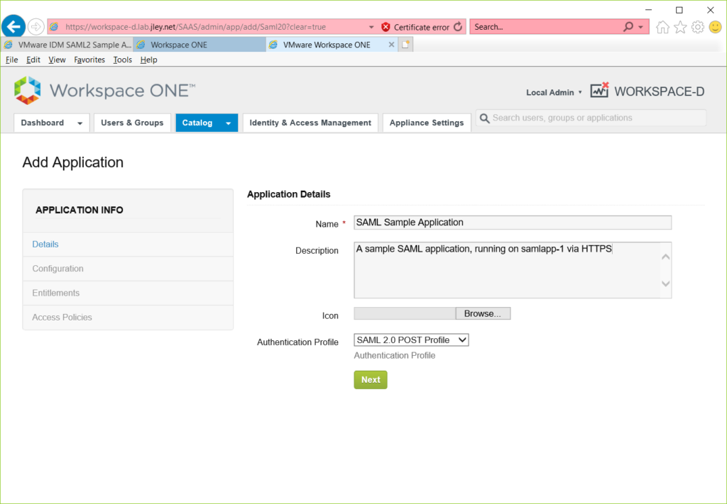 first page of new application configuration within Identity Manager