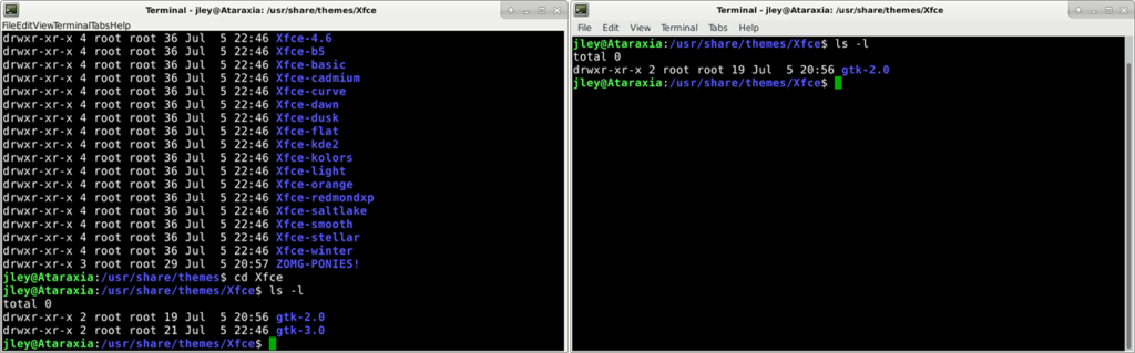 Xfce theme directory with and without gtk3-engines.xfce installed.